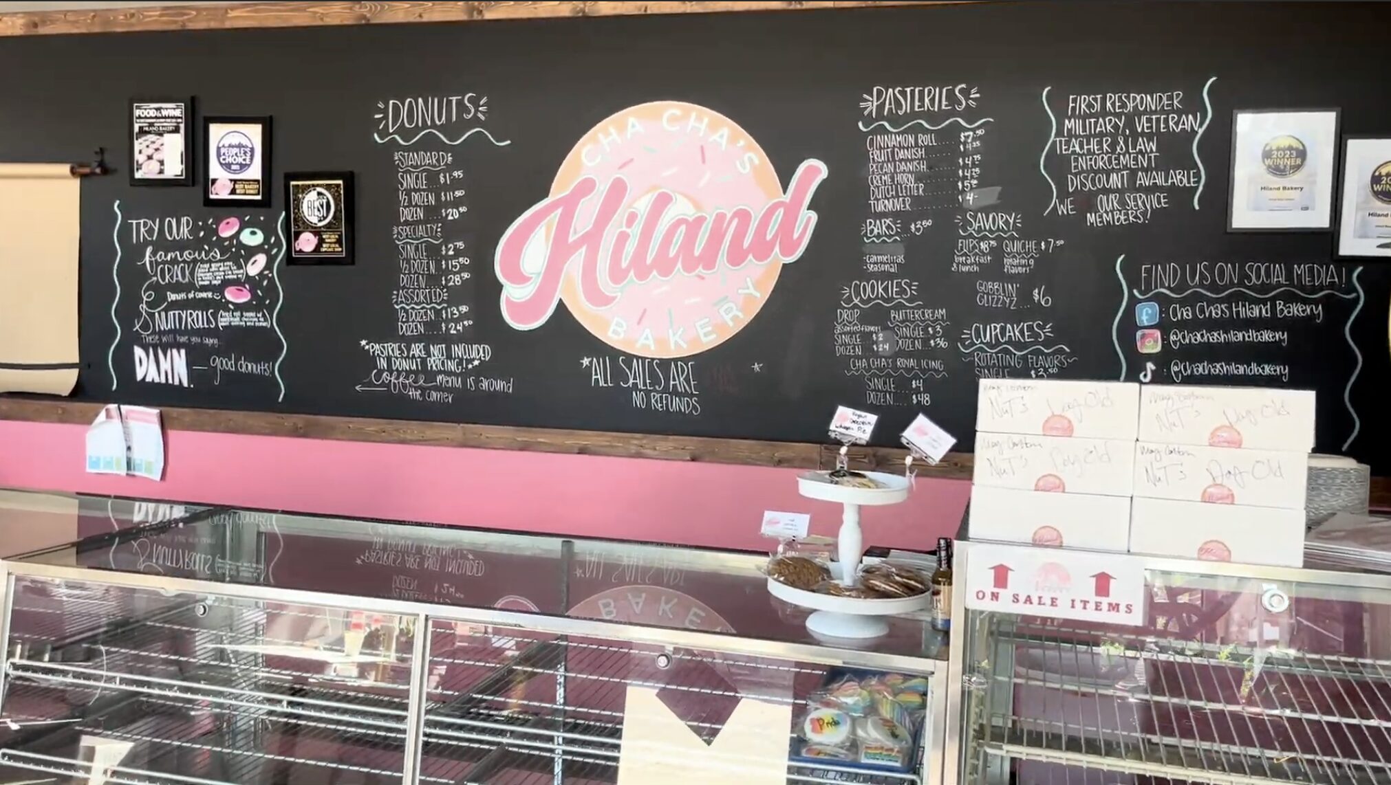 ChaCha's Hiland Bakery sign and counter